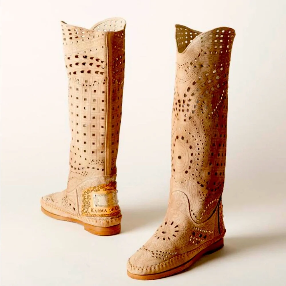 Karma of Charme laser-cut, embossed and gold studded soft leather slouch boots. - Picture 8 of 10